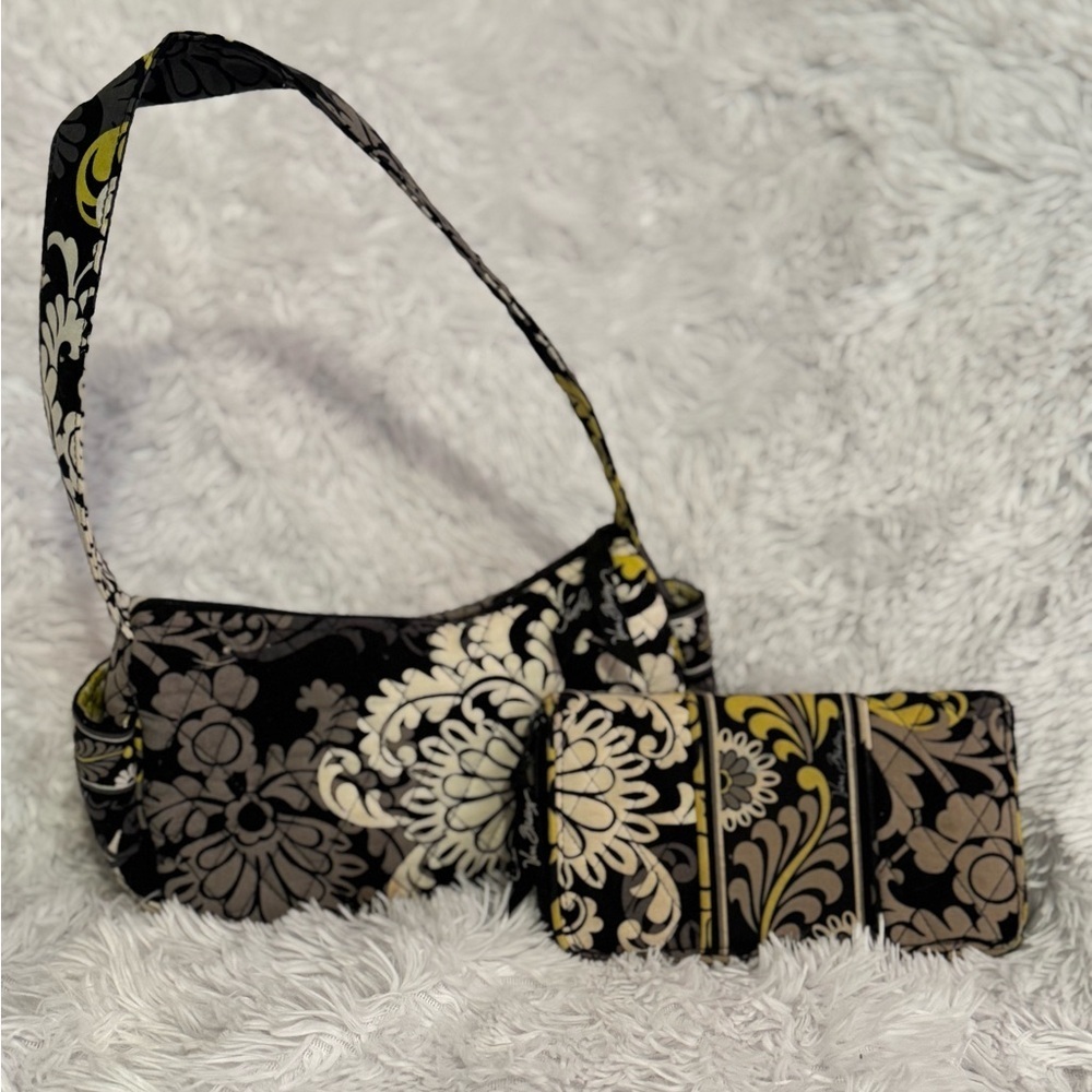 WALLET INCLUDED Vera Bradley Bag Retired BAROQUE Black Gray Yellow Flower